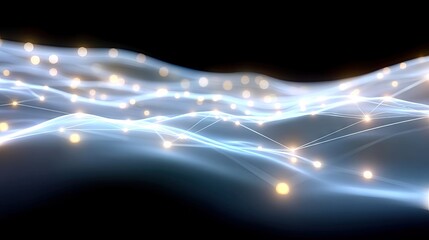 An abstract digital visualization featuring a network of glowing interconnected nodes and luminous lines, creating a sense of digital flow and data transfer aga
