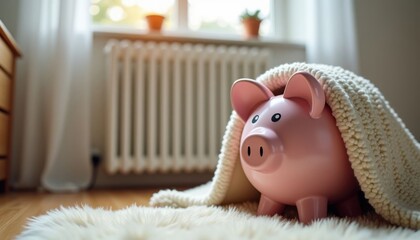 Piggy bank covered with a warm blanket near a radiator, symbolizing rising heating costs, winter energy expenses and the importance of saving money. Finance, utilities and home budgeting themes