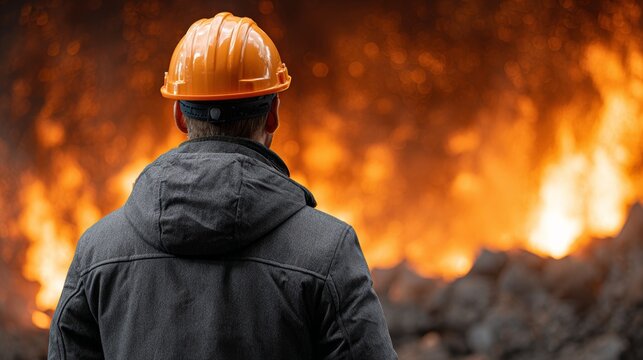 Steel worker inspecting glowing furnace at metal factory labor environment high fidelity viewpoint