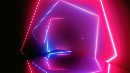 Abstract neon light tunnel with glowing pink, purple, and blue geometric lines creating a futuristic and vibrant visual effect. - Powered by Adobe