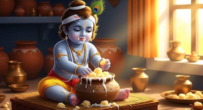 A charming depiction of baby krishna, adorned with traditional jewelry and a peacock feather, reaching for sweets from a pot in a cozy kitchen setting