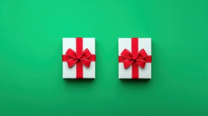 Fototapeta premium Elegant White Gift Boxes with Red Ribbons on Vibrant Green Background for Holidays and Special Occasions