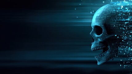 Digital Skull Formed From Binary Code Showcases Cyber Security Threat in a Glitch Effect Style
