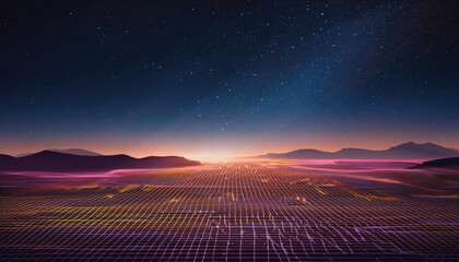 Retro Futuristic Gridded Landscape at Night