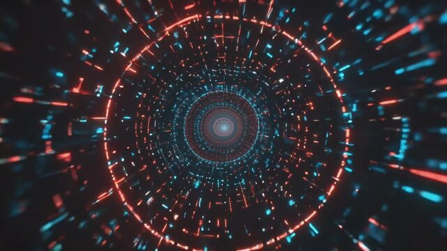 Abstract digital tunnel with fractal spiral patterns of blue and purple binary code creating an energy glow on a dark technology background