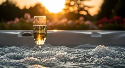 A Glass of Champagne by the Hot Tub During Sunset Relaxation