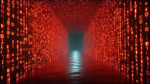 Binary code red matrix digital tunnel data corridor glowing light futuristic hallway cyber space abstract technology virtual reality neon glow red binary code corridor digital tunnel data stream