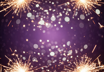 Sparkling fireworks and bokeh lights on a purple background for celebrations