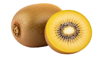 Fresh golden kiwi fruit whole and sliced revealing vibrant yellow flesh
