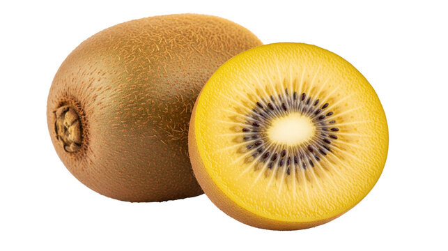 Fresh golden kiwi fruit whole and sliced revealing vibrant yellow flesh
