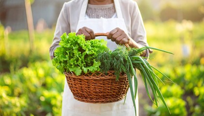 The Healthy Lifestyle. Senior Gardening. A senior person holding the freshly harvested lettuce dill and green onions with a rustic unbranded wicker basket filled with other vegetables nearby.