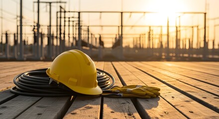 Yellow Hard Hat and Gloves with Electric Cables at Sunset for Industry