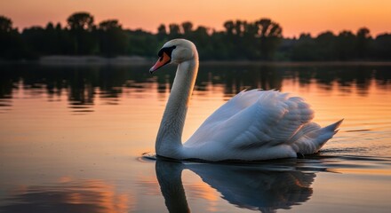 Elegant swan gliding gracefully across serene water mirroring the warm hues of dawn or dusk