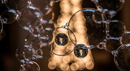 Transparent Soap Bubbles with Golden Bokeh Background in Bright Indoor Setting