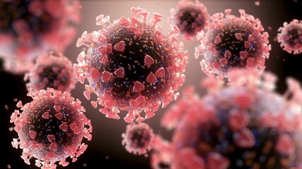 3D animation of detailed coronavirus cells with red spike proteins floating in dark background illustrating infectious disease spread and viral pandemic outbreak concepts for medical research - Powered by Adobe