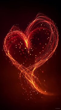 Glowing fiery heart shape with lines and sparkles. Crimson love concept for valentines day, romance, passion, or fiery emotions themes.