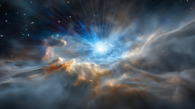 Supernova exploding in distant galaxy, radiant plasma clouds, cosmic beauty, blurred background, with copy space