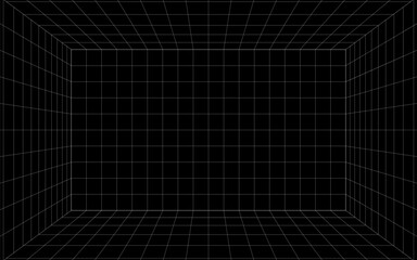 Futuristic 3D grid tunnel with white lines on a black background, creating a deep, immersive perspective effect ideal for sci-fi, tech, or retro designs.