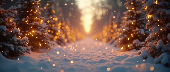 Fototapeta premium Christmas background banner with a winter alley among snow-covered fir trees with christmas lights in soft garland light