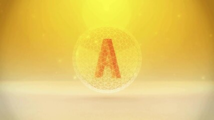 3D animation of a rotating red letter A inside a golden sphere illustrating Vitamin A complex for beauty cosmetics and health nutrition research on yellow background - Powered by Adobe