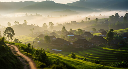 Scenic landscape of village with lush green terraces and misty mountains