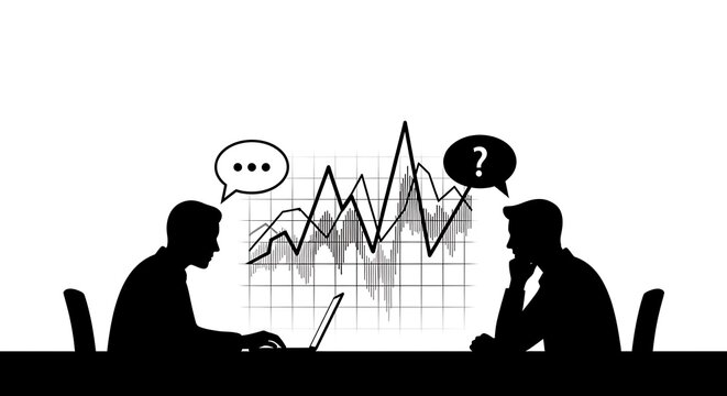 Two business people discussing data and problems, isolated on white background