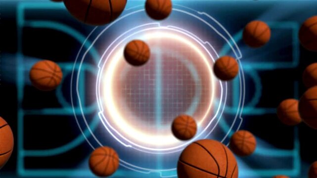 3D animation of orange basketballs flying on blue digital court background with futuristic HUD elements illustrating sports competition and broadcast game concepts - Powered by Adobe