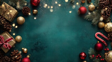 Festive christmas border with glowing lights pine cones ornaments gifts and candy canes on a dark teal background