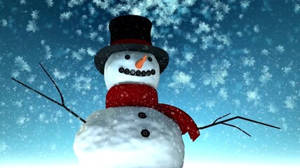 3D animation of a snowman with top hat and red scarf standing in falling snow on blue background illustrating winter Christmas holiday celebration concepts - Powered by Adobe