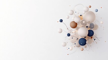 A cluster of spheres of various sizes and colors, connected by thin lines and threads, arranged dynamically against a clean white background with soft lighting.