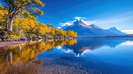 A serene landscape featuring vibrant autumn foliage on trees lining a lake, with majestic snow-capped mountains in the background under a bright blue sky.