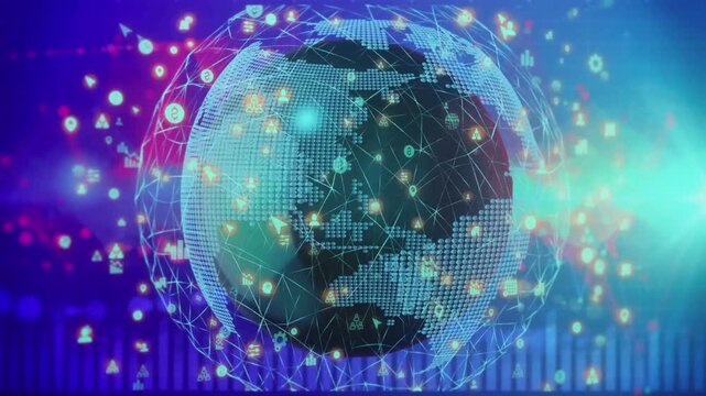 3D animation of rotating digital earth with network connections and social media icons illustrating global communication technology and business data concepts - Powered by Adobe