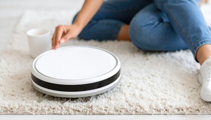 Robot vacuum cleaner on carpet against woman drinking coffee at home, closeup 