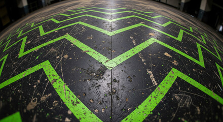 Gritty curved surface with vibrant neon green zigzag patterns and distressed texture