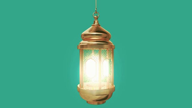 Ornate golden Ramadan lantern with intricate details glowing brightly against a solid teal background, symbolizing festive celebrations.