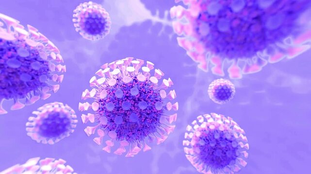 3D animation of purple coronavirus cells floating in fluid illustrating infectious disease spread and viral pandemic outbreak concepts for medical scientific research - Powered by Adobe