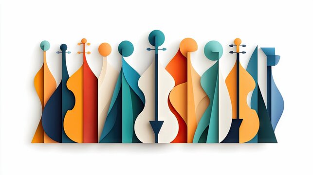 A stylized, abstract arrangement of various string instruments, including violins and cellos, presented in a vibrant, colorful row against a clean white backgro