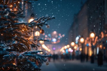 Magical winter snowfall illuminates a festive christmas tree with blurred city lights in the background