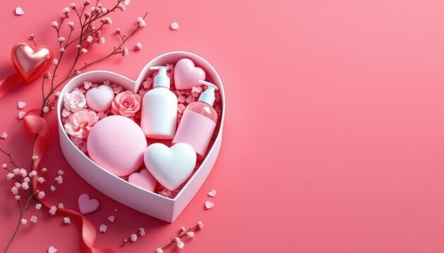 Valentine’s Day banner concept featuring romantic bath and body care set in pristine white heart-shaped box, matte pink background,, two-thirds empty space for promotions. gift idea .