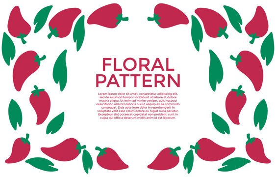 A symmetrical floral pattern featuring stylized red peppers and green leaves arranged around a central text area.