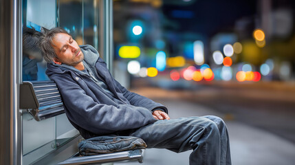 Drunk man sleeping at bus stop, loneliness, cold night atmosphere, blurred background, with copy space