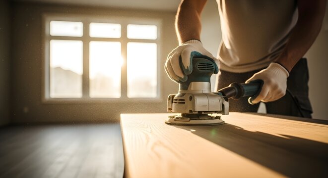 Man Sands Wood Surface With Orbital Sander For Smooth Finish in Sunlight - Powered by Adobe