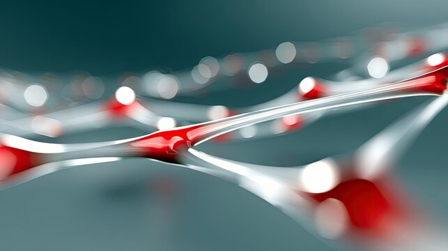 An abstract, fluid structure with red and white elements, resembling organic forms or molecular chains, set against a blurred background with bokeh lights. - Powered by Adobe