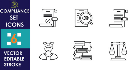 Minimalist compliance icon set featuring legal documents, magnifying glass, judge, workflow diagram, professional figure, and balance scale, presented in clean black editable stroke vector style