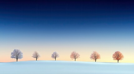 A serene winter landscape with bare trees standing on a snow-covered hill against a gradient sky transitioning from deep blue to soft orange.