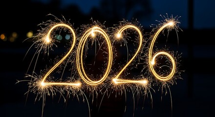 Bright Sparkler Light Writing 2026 New Year Celebration in Night Sky