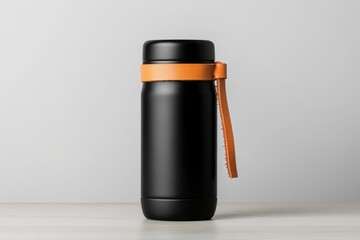 Sleek black thermos with leather strap handle