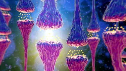 3D animation of purple neurons firing across synapses in the human brain illustrating neurotransmitter chemical signaling and nervous system activity for medical biology research - Powered by Adobe