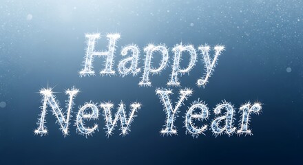 Happy New Year Text in Sparkling Ice Crystal Font on Blue Background