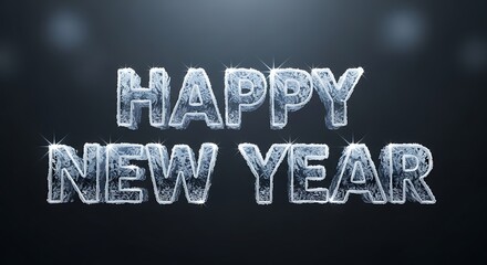 Sparkling Ice Crystal Text Happy New Year Celebration on Dark Background
